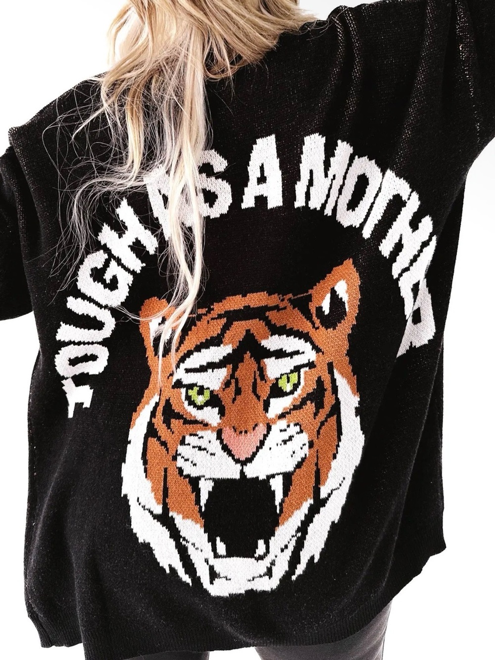 Tough As A Mother Cardigan - Size S/M Tiger Graphic Open-Front Cardigan Sweater